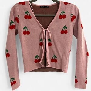Nikka K Cropped Tie Front Cherry Pattern Knit Cardigan